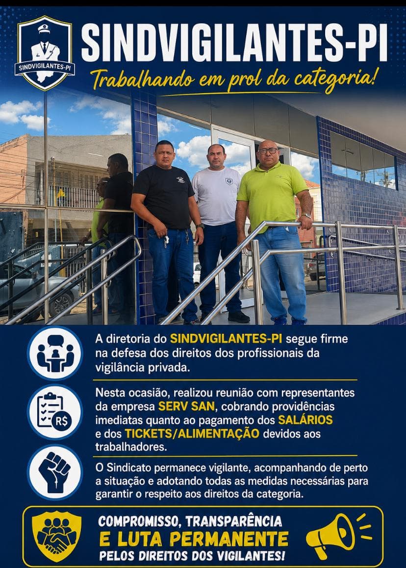 Três diretores do SINDVIGILANTES-PI em frente à sede do sindicato, após reunião com a empresa.